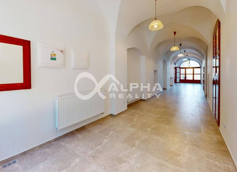 Polyfunkčný priestor na predaj, 66,5m2+pivnica 38m2, Zimná ul., Spišsk - Interiér obchodných priestorov s oblúkovými stropmi a podlahou s dreveným dekorom.