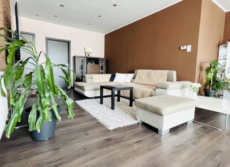 Vám ponuka na predaj útulný 3-izbový rodinný d - Obývacia izba v rodinnom dome s podlahou s dreveným dekorom a zelenými rastlinami.