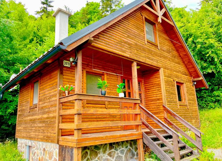 Rekreačná chata – Banská Štiavnica, časť Štefultov - Drevený rodinný dom v Štefultove s kamenným základom, obklopený zeleňou.