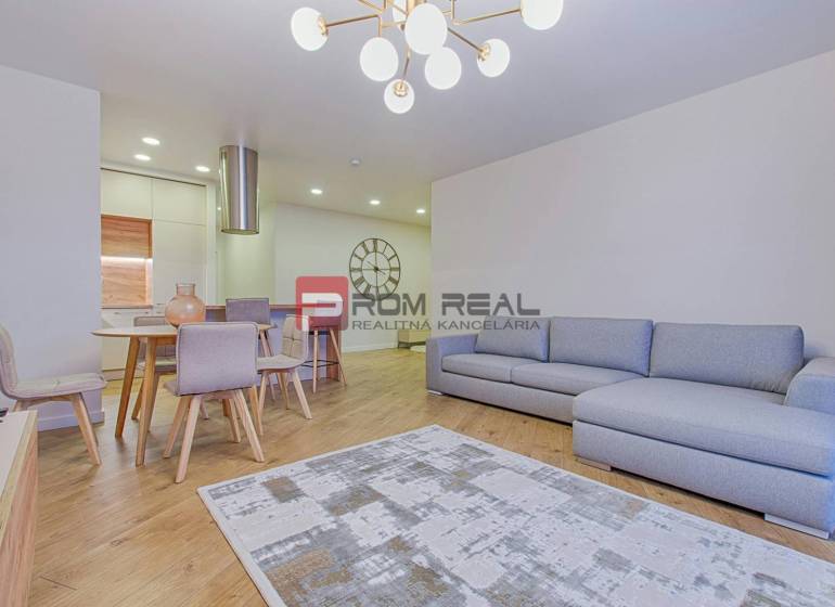 Hľadám prenájom 3i bytu, Petržalka, Bratislava - Obývačka 3-izbového bytu so sivou sedačkou, stolom a podlahou s dreveným dekorom.