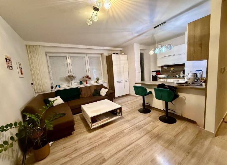 Dvojizbový byt, Považská Bystrica - Stred - Obývacia izba a kuchyňa v 2-izbovom byte s podlahou s dreveným dekorom.