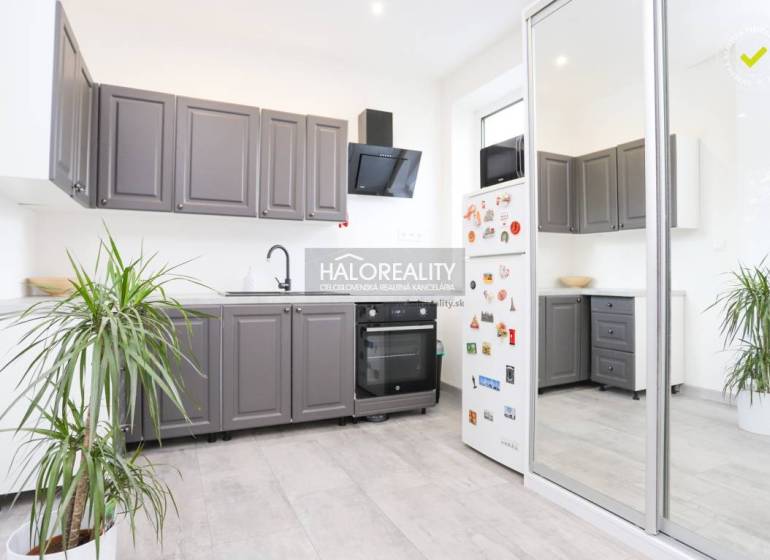 Prenájom, dvojizbový byt Považská Bystrica, Lánska -... - Kuchyňa v 2-izbovom byte s bielymi stenami, šedými skrinkami a rastlinou.