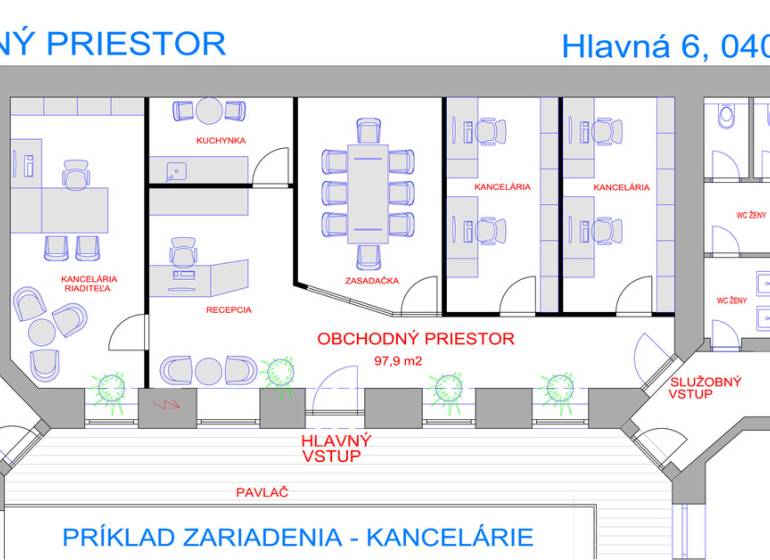 PRENÁJOM Obchodné a kancelárske priestory v centre Košíc, Hlavná - Pôdorys obchodných priestorov zahŕňa kancelárie, zasadačku, kuchynku a sklady.