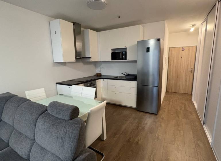 Predaj 1ibyt (garsonka) v uzavretom areáli v DNV (novostavba) - Obývacia izba s kuchyňou, sedačkou a podlahou s dreveným dekorom v 1-izbovom byte.