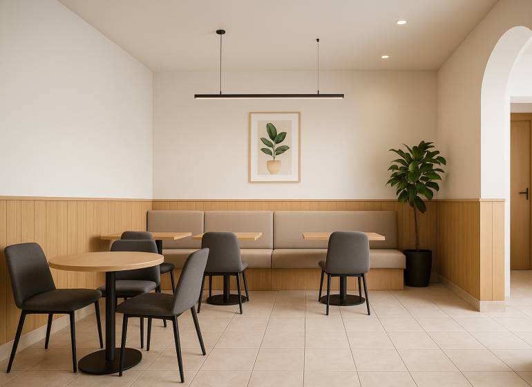 Multifunkčný priestor s terasou v Starom Meste - Moderné sedenie so stenou v drevenom dekore a rastlinou v 2-izbovom byte.