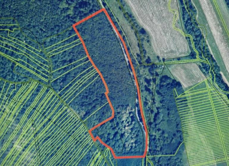 Lesný pozemok (50 728m2), Dolné Strháre, okr. Veľký Krtíš. - Letecký pohľad na poľnohospodárske a lesné pozemky v Dolných Strhároch, ohraničené červenou líniou.