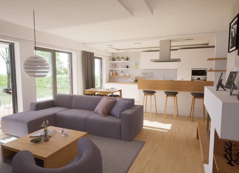 Novostavba moderného 4i domu v Hrubej Borši - Obývačka s podlahou s dreveným dekorom a kuchynským ostrovčekom v rodinnom dome.