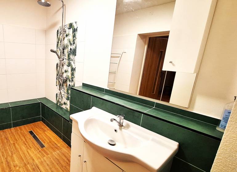 Rodinný dom po čiastočnej rekonštrukcii - Kúpeľňa v rodinnom dome s podlahou s dreveným dekorom a sprchou.