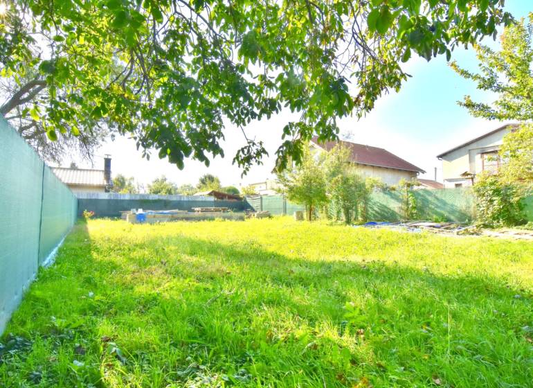 IVANKA PRI DUNAJI, stavebný pozemok 447 m2 s vydaným SP, pôvodná časť - Zelený pozemok na bývanie v Ivanke pri Dunaji s trávnikom a niekoľkými stromami.