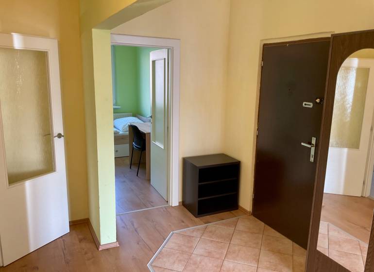 I prenájom štýlových izieb v 3-izbovom byte – Karlova Ves - Predsieň s tmavými dverami, podlaha s dreveným dekorom, výhľad do izby.