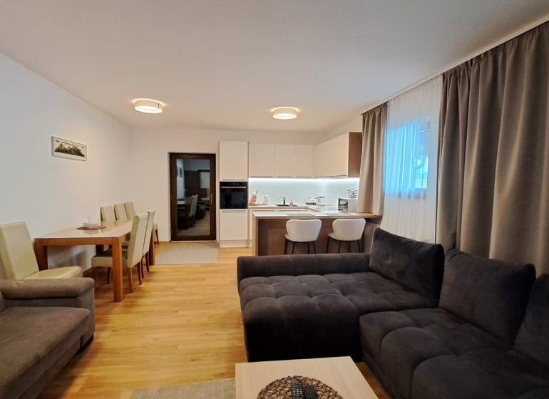 Lukratívny a priestranný 2-izbový apartmán v Mlynici na prenájom - Obývačka 2-izbového bytu s kuchyňou, jedálenským stolom a podlahou s dreveným dekorom.