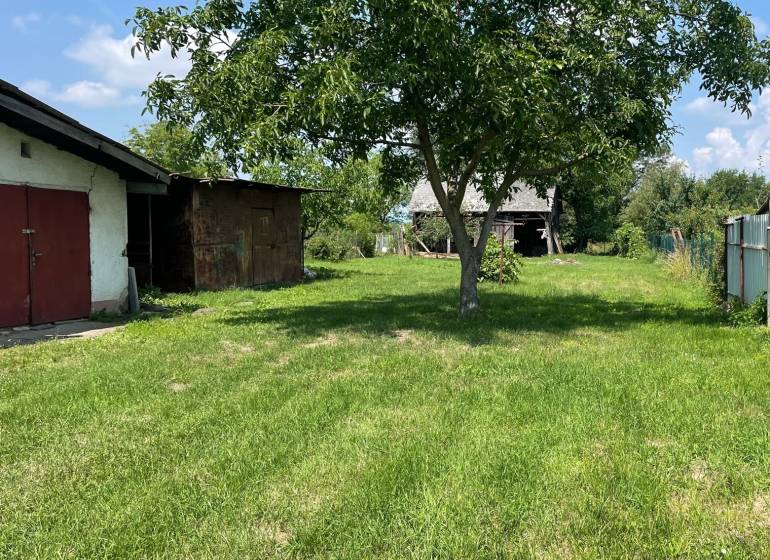 Super pozemok pre rodinný dom blízko mesta - Záhrada s dreveným stromom a budovou v pozadí v Zemplínskej Širokej. Pozemky - bývanie.