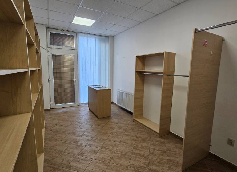 Na prenájom: Nebytový-obchodný priestor – Budovateľská ulica, Šaľa - Policové regály a úložné priestory s podlahou s dreveným dekorom.