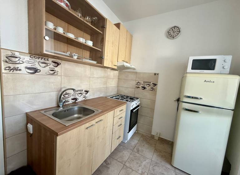 EXKLUZÍVNE - Pekný 1i byt po rekonštrukcii 38m2, loggia, Na hlinách - Kuchyňa v 1-izbovom byte s retro chladničkou, mikrovlnkou a kuchynskou linkou.