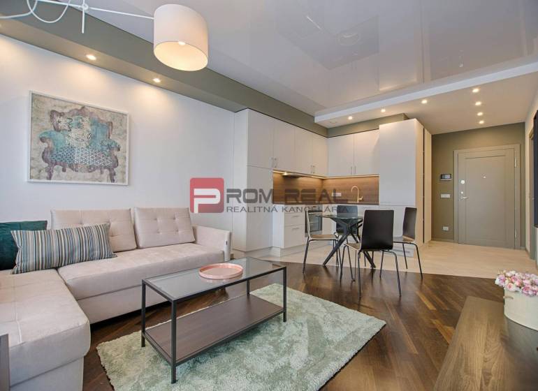 Hľadám pre klienta 3i byt, Bratislava, Petržalka - Obývacia izba v 3-izbovom byte s podlahou s dreveným dekorom a kuchynským kútom.