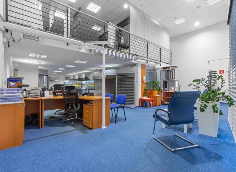 Kancelárie-Showroom 357 m², Zadunajská cesta, Petržalka, BA - Obchodné priestory s modrým kobercom, kancelárskym nábytkom a rastlinami vo vnútri.