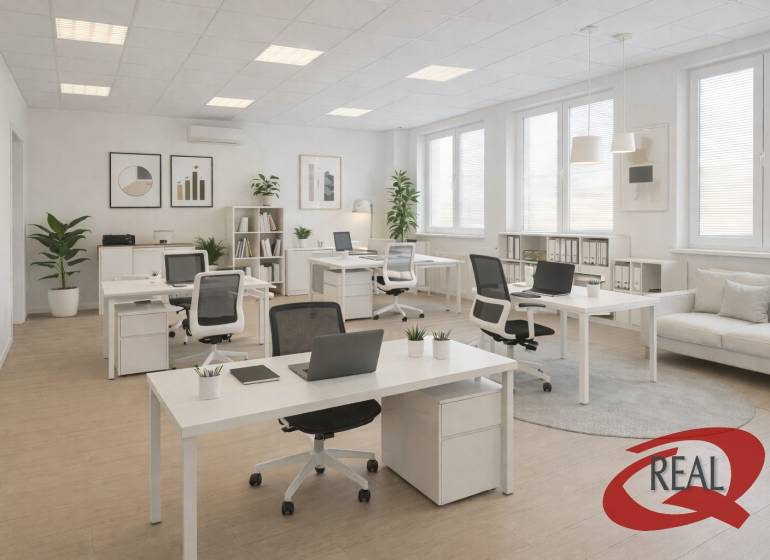 **BEZ PROVÍZIE**PRENÁJOM KANCELÁRSKYCH PRIESTOROV NA TRENČIANSKEJ UL.* - Kancelárie s podlahou s dreveným dekorom, písacími stolmi, stoličkami a rastlinami.