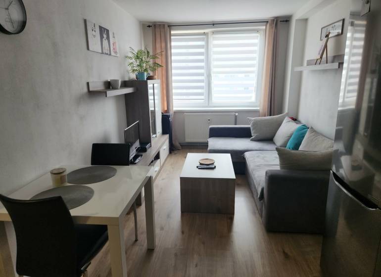 Na prenájom  1,5 izbový byt  Učňovská ulica Šaca - Obývacia izba v 2-izbovom byte s pohovkou a podlahou s dreveným dekorom.