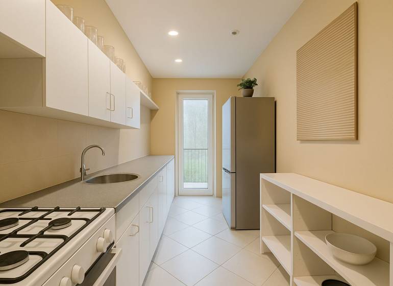 Predaj 3 izbový byt, 86 m2, Francisciho ul, Staré mesto, BAI . - Kuchyňa s bielymi skriňami, sivou pracovnou doskou a spotrebičmi v 3-izbovom byte.