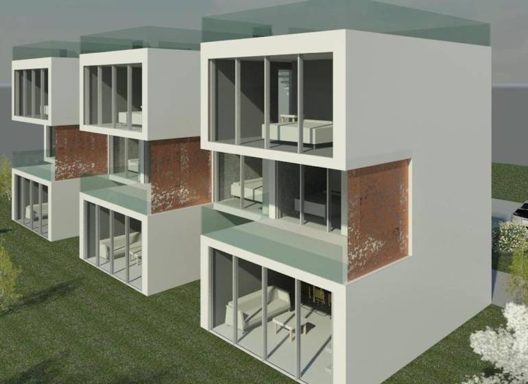 NA PREDAJ moderná radová vila / 130 m² / s výhľadom na more ČIOVO - Vila na ostrove Čiovo ponúka presklené fasády a zelené okolité prostredie.