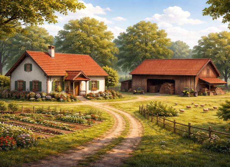 Predaj veľkej usadlosti v okrajovej časti v Zákopčí - Rodinný dom v Zákopčie obklopený kvetmi, záhradou a poliami, vedľa stodola s traktorom.