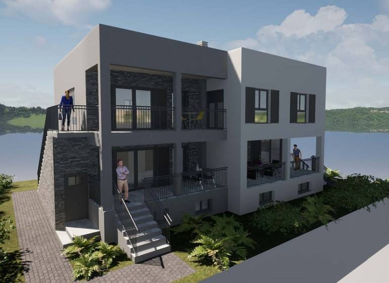 NA PREDAJ rozostavaný dom / 303 m²/na ostrove ČIOVO - Rekreačný apartmán na Čiove s výhľadom na vodu a zeleň v pozadí.