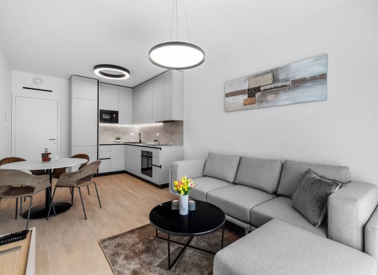 I Prenájom exkluzívneho 2-i bytu v projekte Metropolis - Štýlová obývačka a kuchyňa v 2-izbovom byte s podlahou s dreveným dekorom.