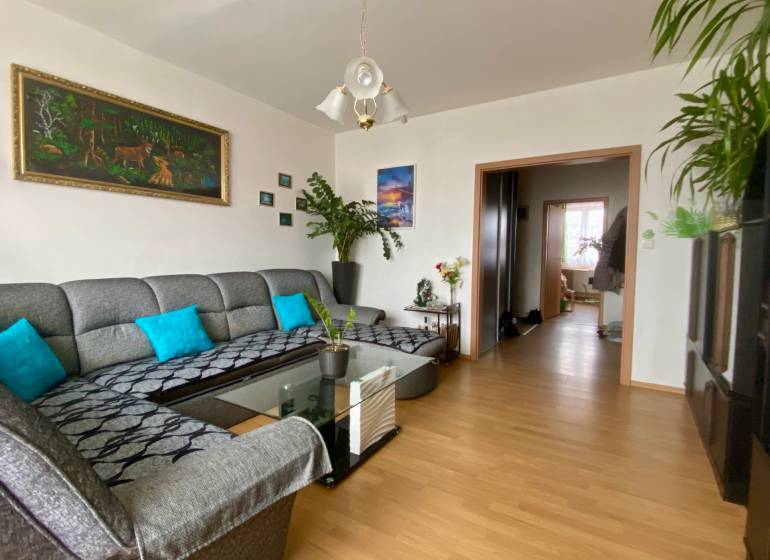 | PREDAJ | 3i byt s krásnym výhľadom vo vyhľadávanej časti BA - Obývacia izba v 3-izbovom byte so sedačkou, podlahou s dreveným dekorom a dekoráciami.