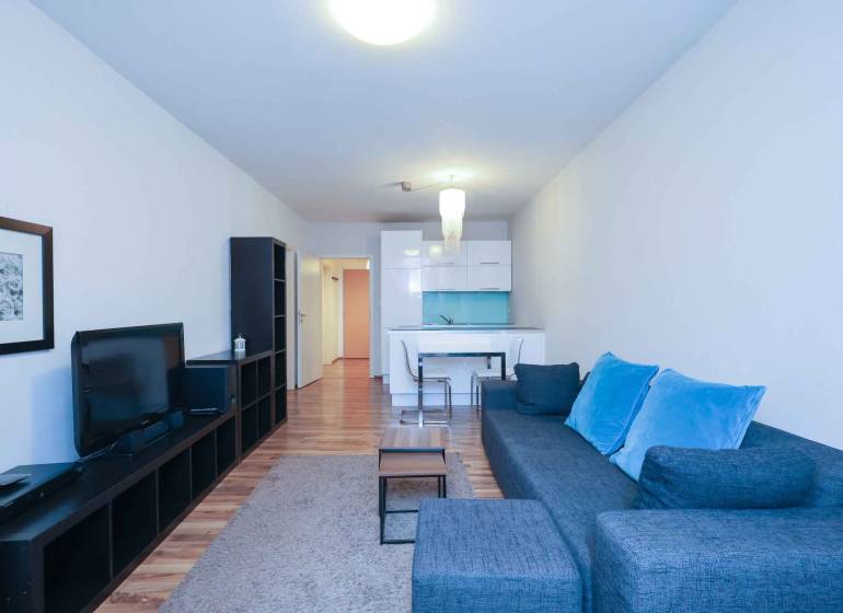 Predaj útulný 2 izbový byt, novostavba, super lokalita Jégeho ulica. - Obývacia izba s pohovkou a TV v 2-izbovom byte, podlaha s dreveným dekorom.