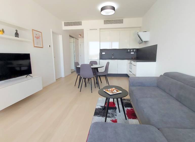 JEDINEČNÝ 2i byt, NOVOSTAVBA, KLÍMA, VÝHĽAD, PARKING, SKY PARK - Obývacia izba s kuchynským kútom, sivou sedačkou, televízorom a podlahou s dreveným dekorom.