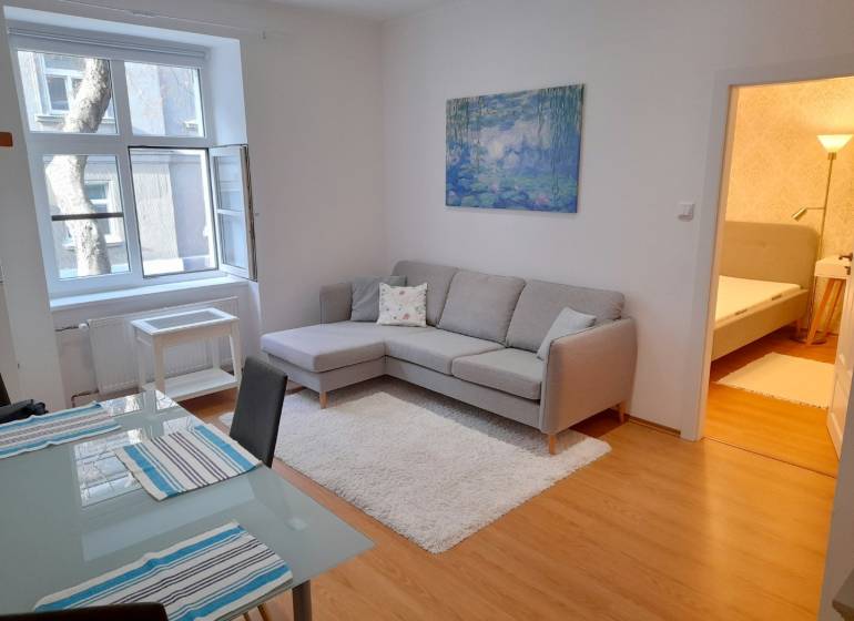 Pekný 2i byt, REKONŠTRUKCIA, CENTRUM, Bukureštská ulica, Staré Mesto - Obývacia izba 2-izbového bytu na ulici Bukurešťská s pohovkou a jedálenským stolom.