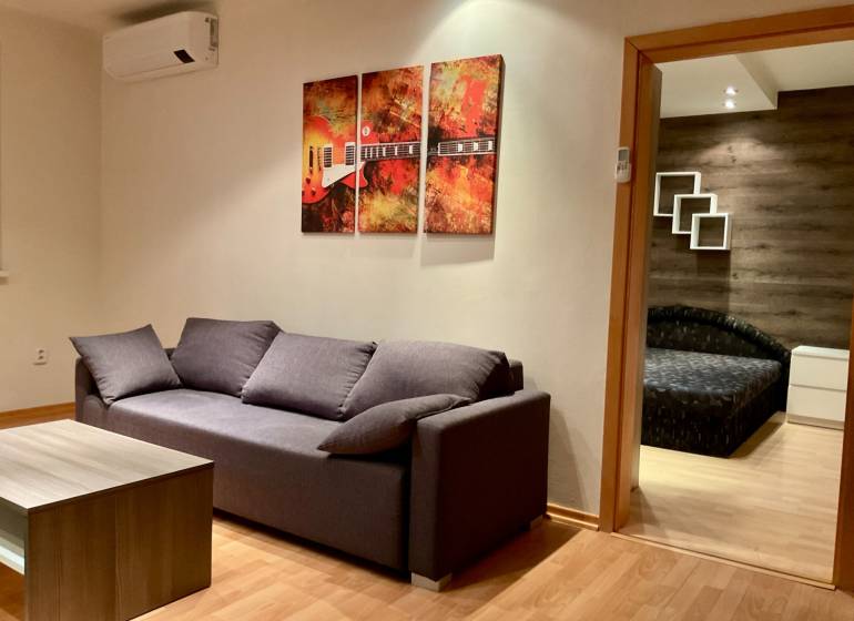 I Prenájom moderne zariadeného 3-izbového bytu v Petržalke. - Obývacia izba so šedou sedačkou, konferenčným stolíkom a podlahou s dreveným dekorom v 3-izbovom byte.