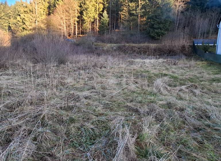 Stavebný pozemok Svrčinovec - Pozemky - bývanie v Svrčinovci s trávnatým porastom a blízkosťou lesa a budovy.