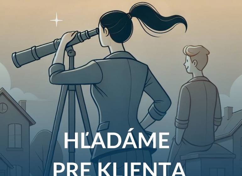 Hľadáme pre klienta halu/showroom v Bratislave -alebo na okraji - Ilustrácia so ženou s ďalekohľadom, vyhľadávanie domova pre klienta, 2-izbový byt.