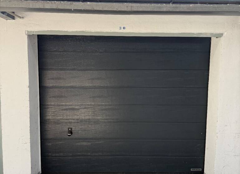 Garáž ul. Eisnerova, Devínska Nová Ves - Garáž na Eisnerovej ulici v Bratislave – Devínska Nová Ves s plechovou bránou.