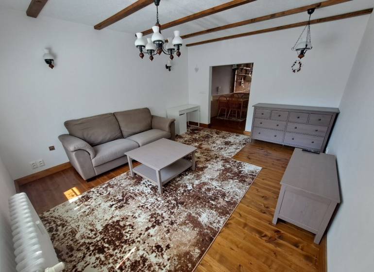 3-izb. byt, Haanova, BA V - Petržalka, kompletná rekonštrukcia - Obývačka na ulici Haanova, 3-izbový byt s drevenou podlahou, sedačkou a konferenčným stolíkom.