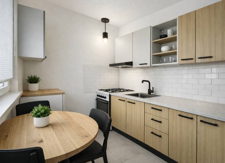 R E Z E R V O V A N Ý 3 izbový byt s balkónom , Košická, Komárno - Kuchyňa v 3-izbovom byte s dreveným dekorom, bielymi kachličkami a okrúhlym stolom.