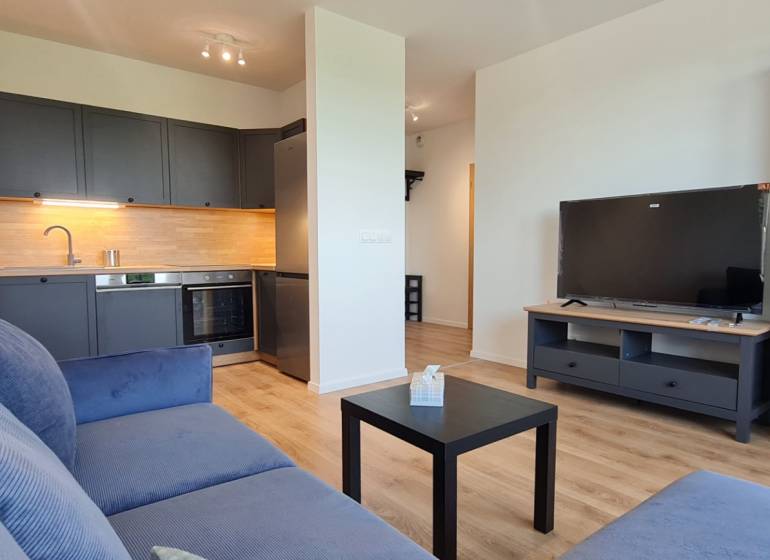 Zariadený 2-izb. byt v novostavbe v Ružinove - Ovocné sady - Obývacia izba s kuchynským kútom, šedou pohovkou a podlahou s dreveným dekorom v 2-izbovom byte.