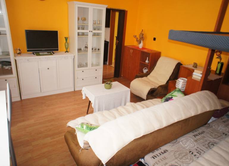 Veľký 1-izb. byt v tehlovom dome, Miletičova ul., Ružinov  - 1-izbový byt s podlahou s dreveným dekorom a žltými stenami.