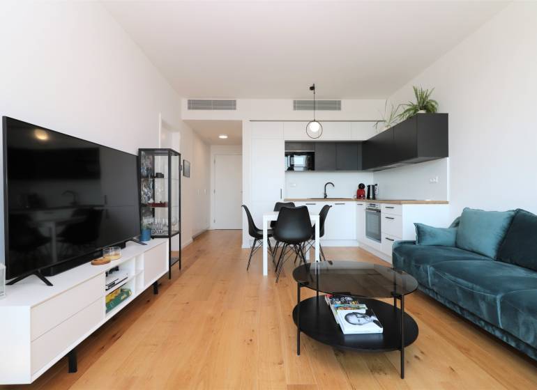 NUERA︱SKY PARK Moderný 2-izbový byt na 6. poschodí, veža 3 - Obývacia izba s kuchyňou v 2-izbovom byte, podlaha s dreveným dekorom, TV a sedacia súprava.