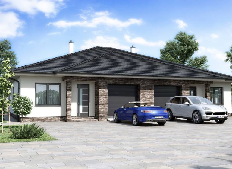 NA PREDAJ 4-IZB. ROD.DVOJDOM | FLORIDA PARK,DUN.STREDA - Rodinný dom na ulici Florida Villa Park v Dunajskej Strede s autami na dláždenej ploche.