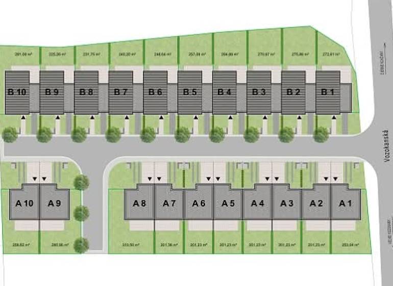 Elegancia, pokoj a nový začiatok na dosah mesta - Pôdorys rozloženia rodinných domov v Zlatých Moravciach so zelenými pozemkami a komunikáciou.