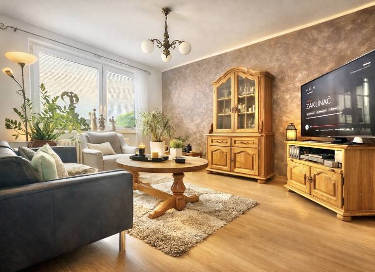 Prejaj nadčasového 4+1 bytu v skvelej lokalite Čadca- Žarec - Obývacia izba so sedačkou, dreveným nábytkom a podlahou s dreveným dekorom v 4-izbovom byte.