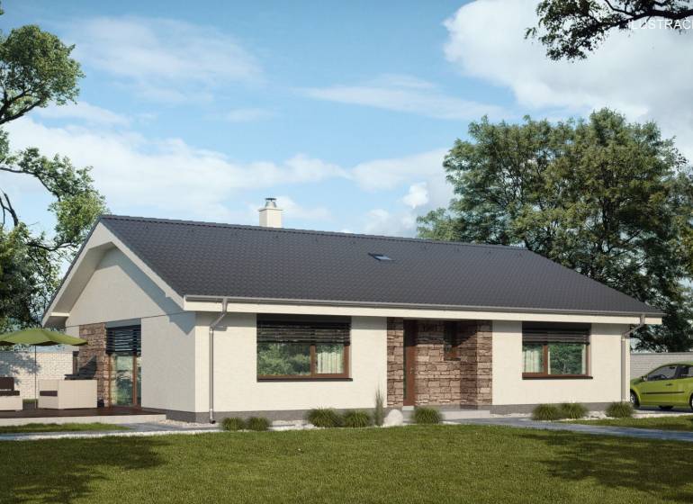 Predám novostavbu rodinného domu s garážou v Nových Zámkoch - Rodinný dom s terasou v Nových Zámkoch, ulica obkolesený stromami, zelené auto.