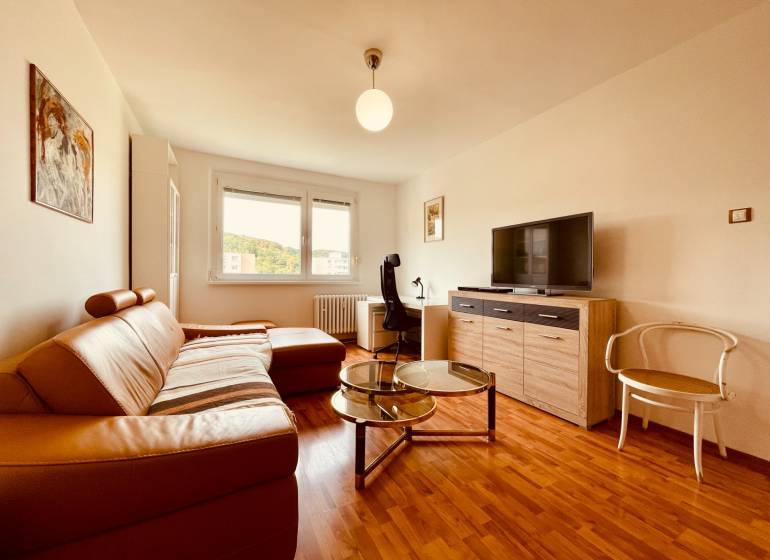 EXKLUZÍVNE! | Krásny 2-izbový byt | 52m² | Považanova - Obývacia izba v 2-izbovom byte s podlahou s dreveným dekorom, sedačka a nábytok.