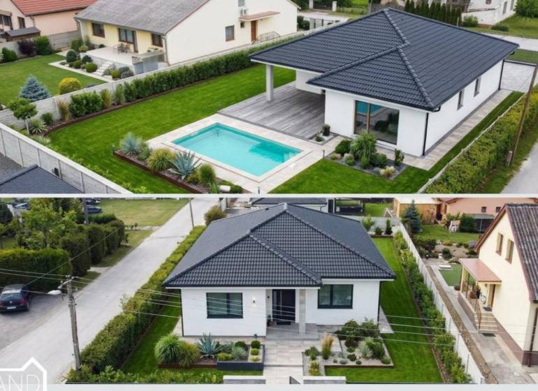 PRIESTRANNÁ 4-IZBOVÁ NOVOSTAVBA 167.38m²- BUNGALOV NA POZEMKU AŽ 702m² - Rodinný dom v Pavliciach s bazénom a záhradou, obklopený trávnatou plochou a zeleňou.