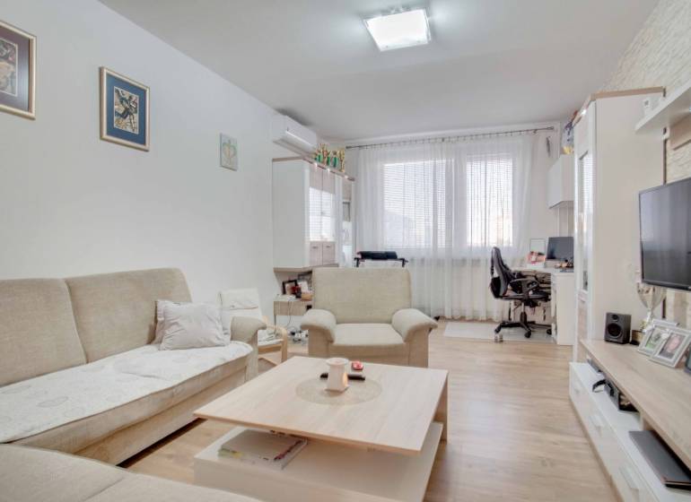 3-izbový byt s loggiou na ul. S.H. Vajanského, Nové Zámky – 74,69m2 - Obývacia izba s pohovkou a TV v 3-izbovom byte, podlaha s dreveným dekorom.