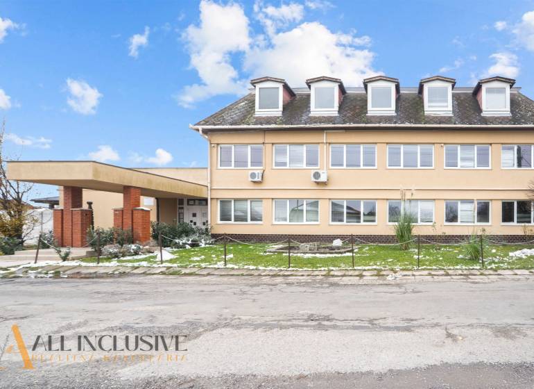 NA PREDAJ ŠKOLSKÁ BUDOVA NA VEĽKOM POZEMKU, MOSTOVÁ - Budova v Mostovej s oknami v podkroví, tehlovými stĺpmi a trávnikom so snehom.