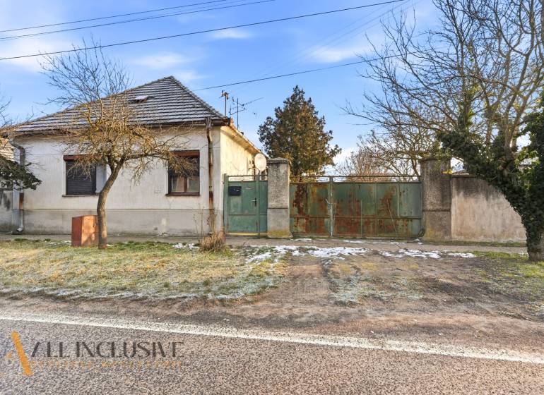 Na predaj 4-izbový rodinný dom, Dolné Saliby - Rodinný dom v Dolných Salibách s veľkou bránou a stromami pred domom.