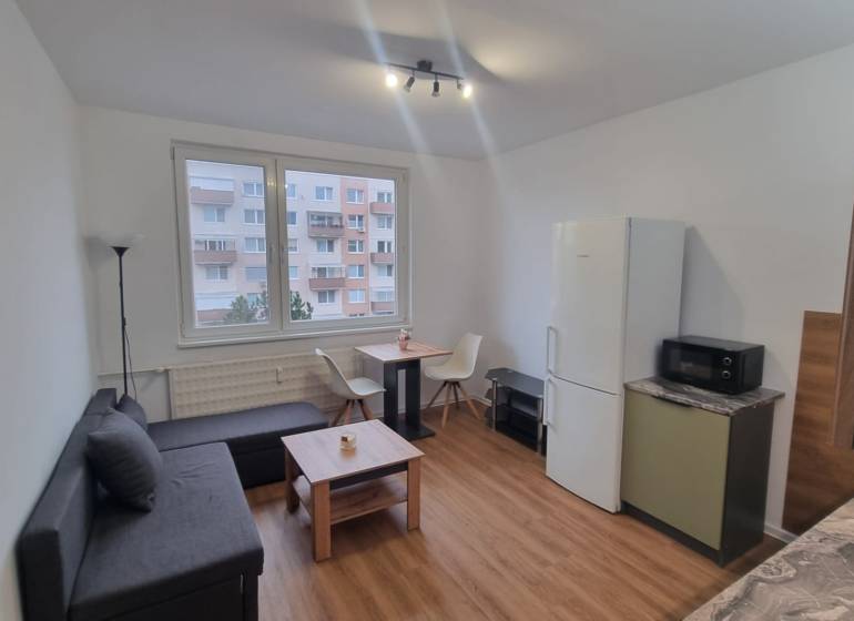 Prenájom 1- izbový byt  - Obývacia izba 1-izbového bytu s pohovkou, stolom a podlahou s dreveným dekorom.